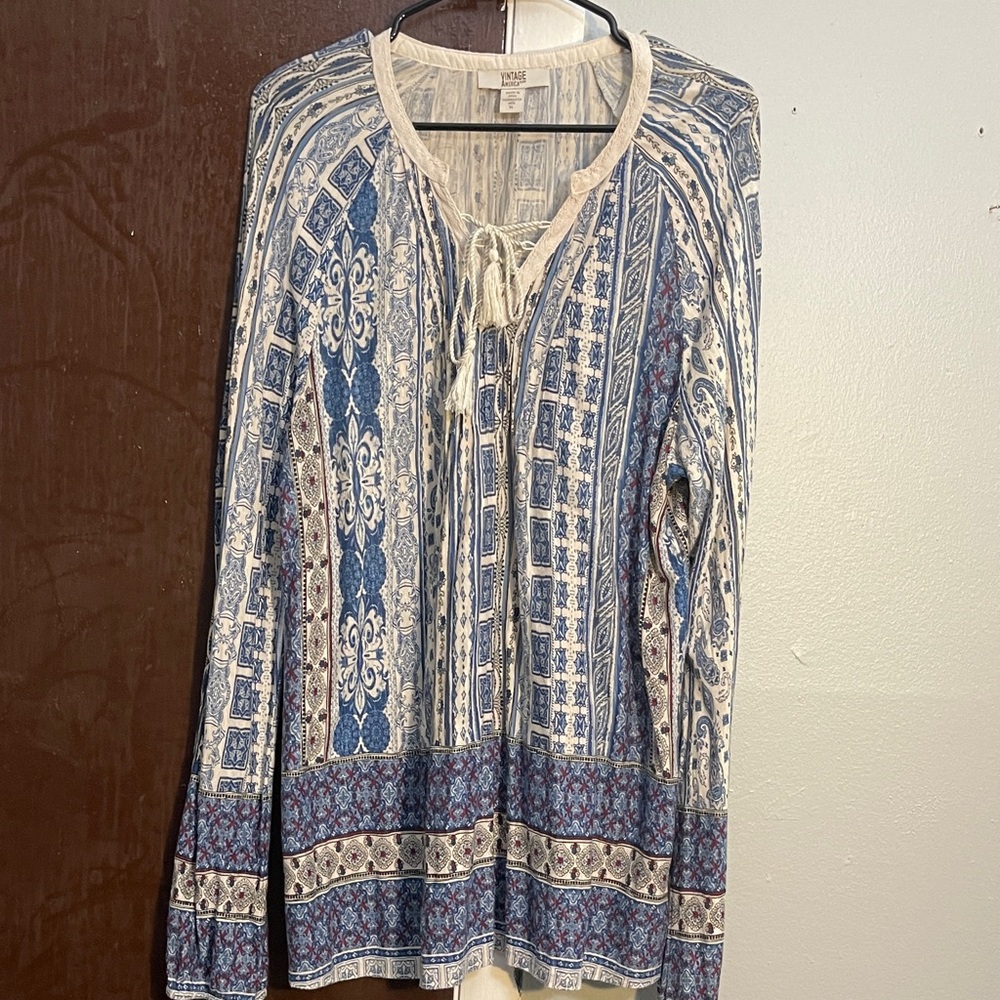 Vintage America Blue and Cream Printed Tie-Front Long Sleeve Top